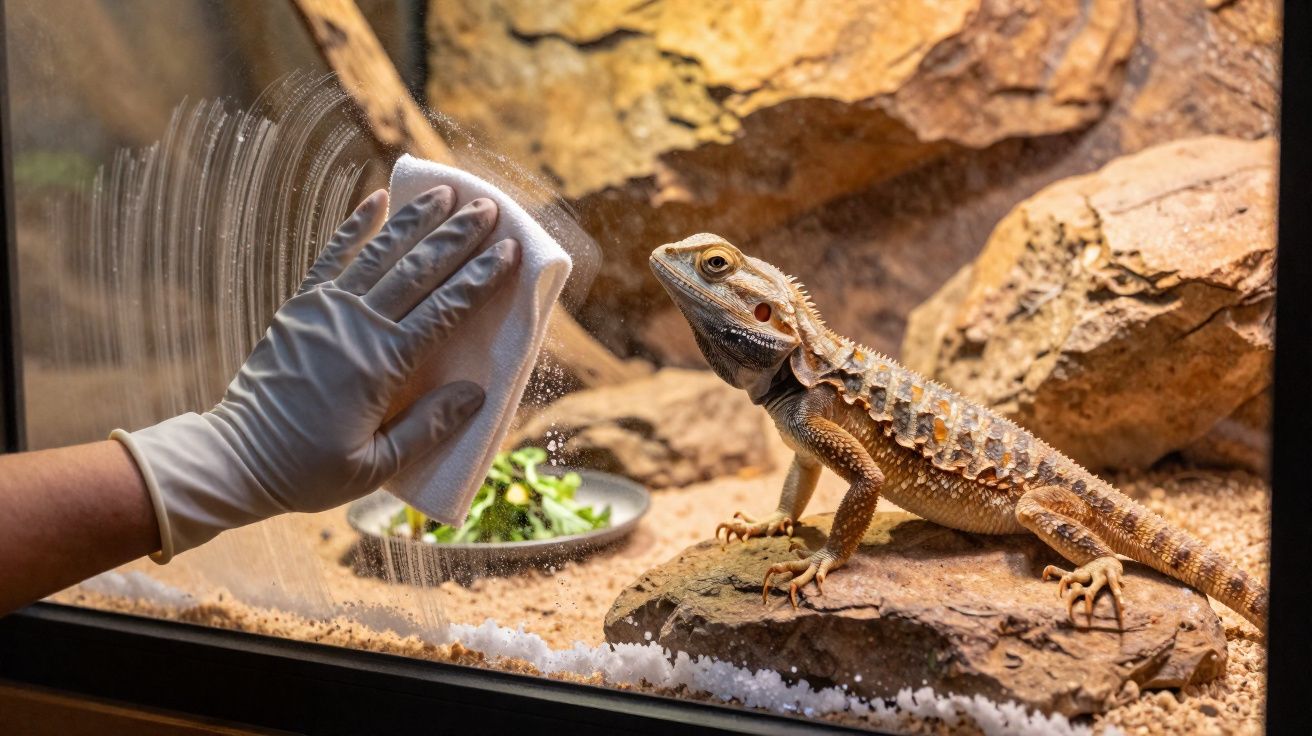 Pessoa com luva limpa o vidro de um terrário onde está um lagarto repousando em pedra.