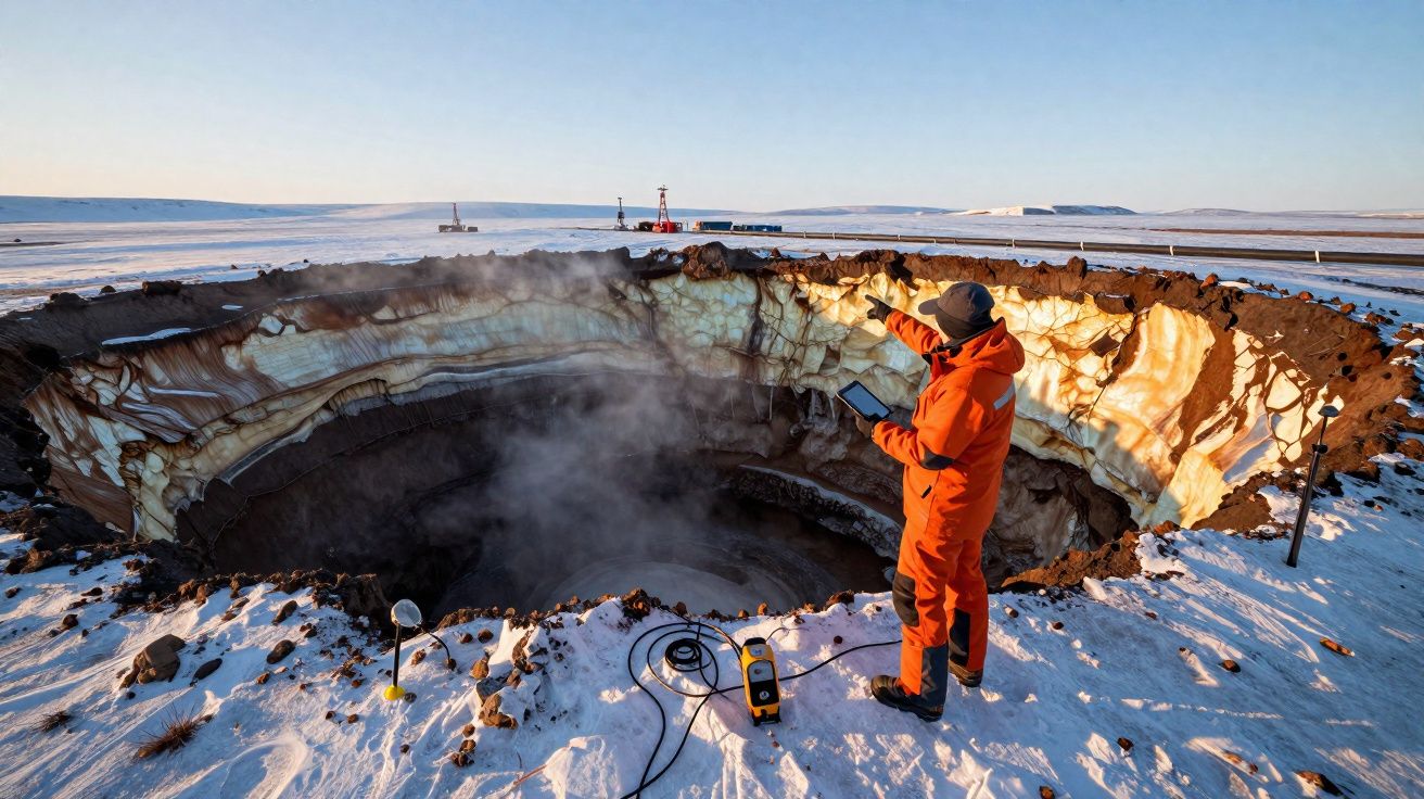 Pessoa de roupa laranja a estudar crateras geladas com equipamento de medição em ambiente nevado.