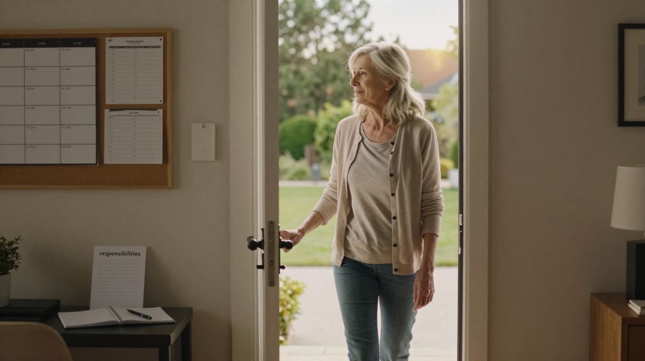 Mulher idosa a abrir a porta e olhar para fora, numa casa com decoração simples e luminosa.
