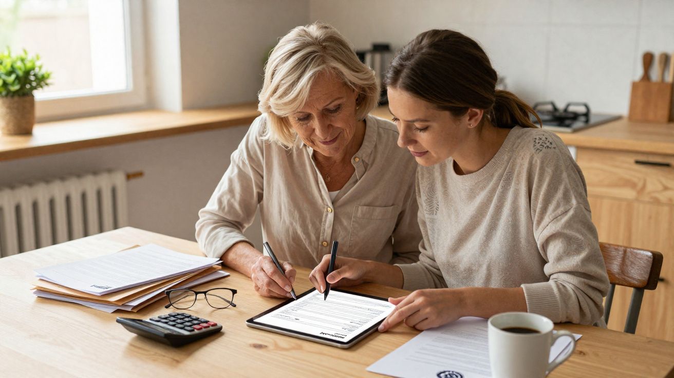 Duas mulheres sentadas a preencher um formulário digital numa tablet numa cozinha iluminada e serena.
