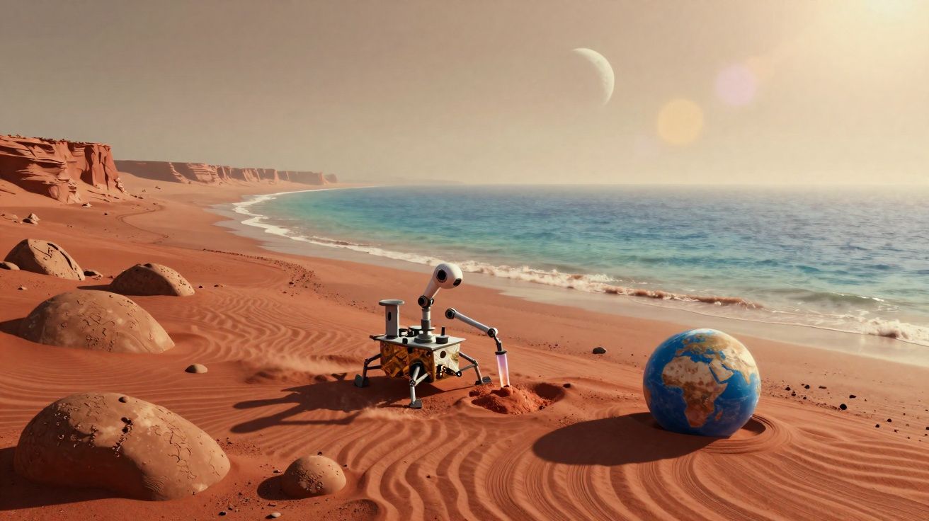 Rover a escavar areia vermelha numa praia alienígena com globo terrestre e mar ao fundo ao pôr do sol.