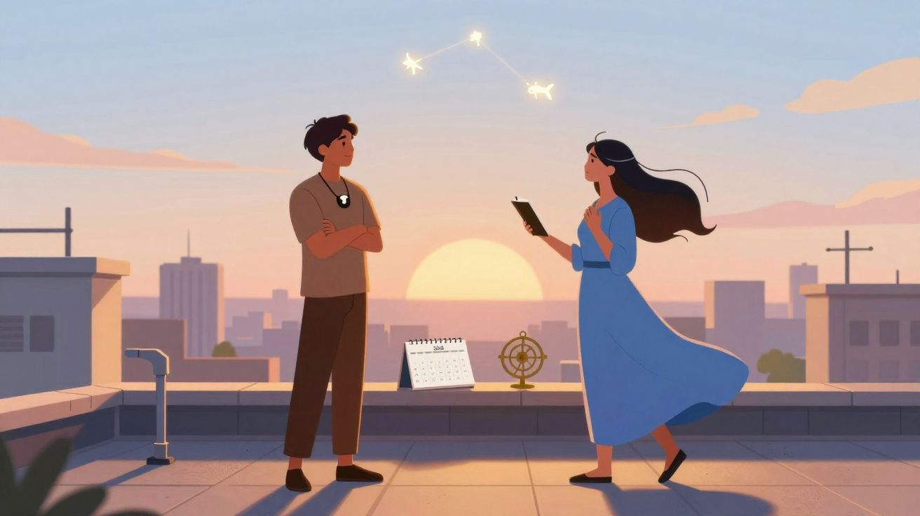 Ilustração de um homem e uma mulher num terraço ao pôr do sol, com constelações brilhantes no céu.