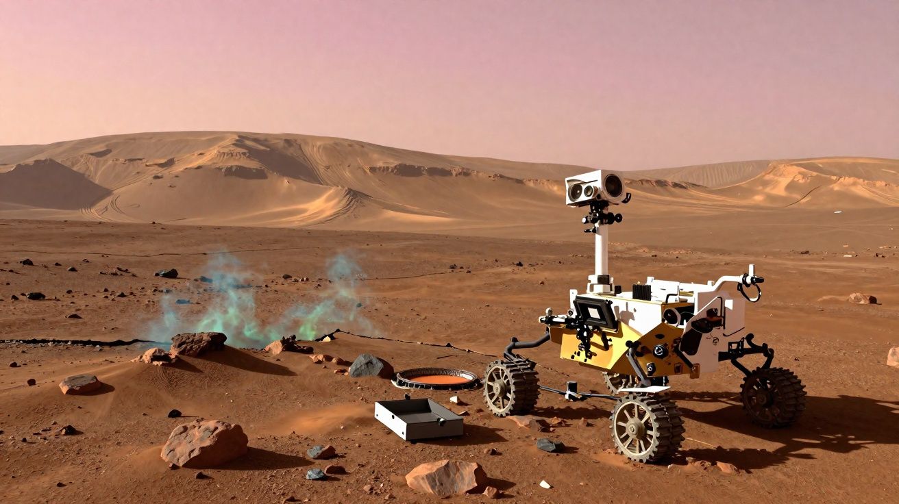 Rover a explorar a superfície de Marte com dunas ao fundo e emissões gasosas azuis junto a rochas.
