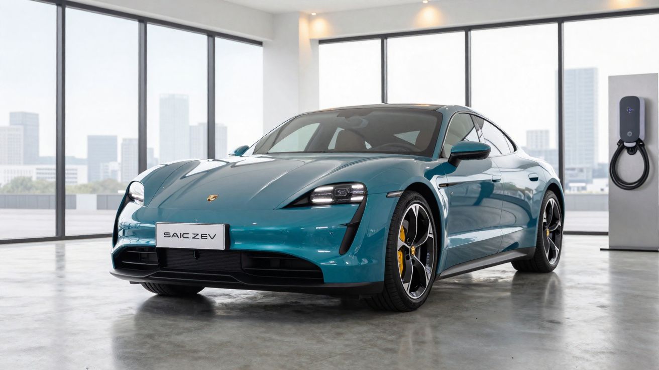 Carro desportivo eléctrico azul estacionado em garagem moderna com carregador de parede visível.