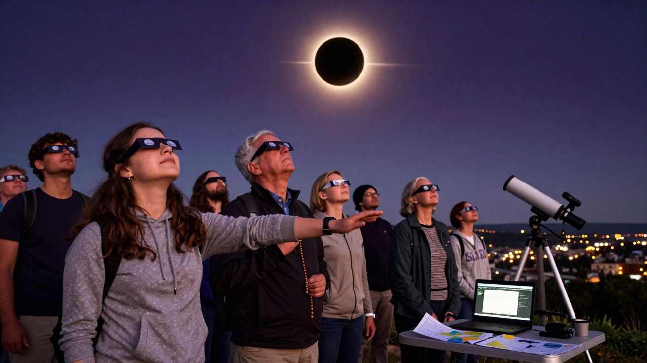 Grupo de pessoas com óculos especiais a observar eclipse solar parcial ao entardecer com telescópio e computador.