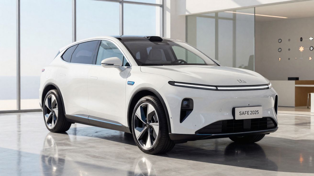 Carro elétrico branco modelo SUV estacionado num espaço interior moderno e luminoso.