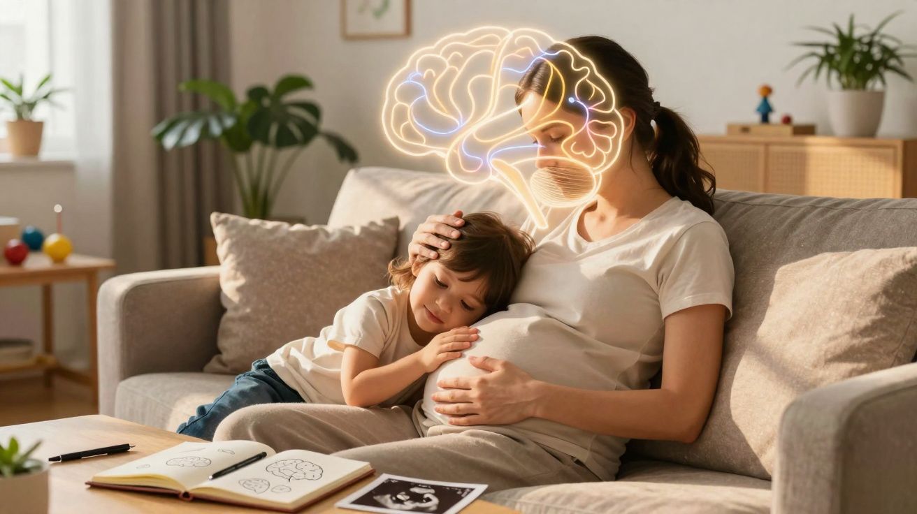 Criança abraça barriga de grávida da mãe no sofá, com ilustração brilhante de cérebro sobre eles.