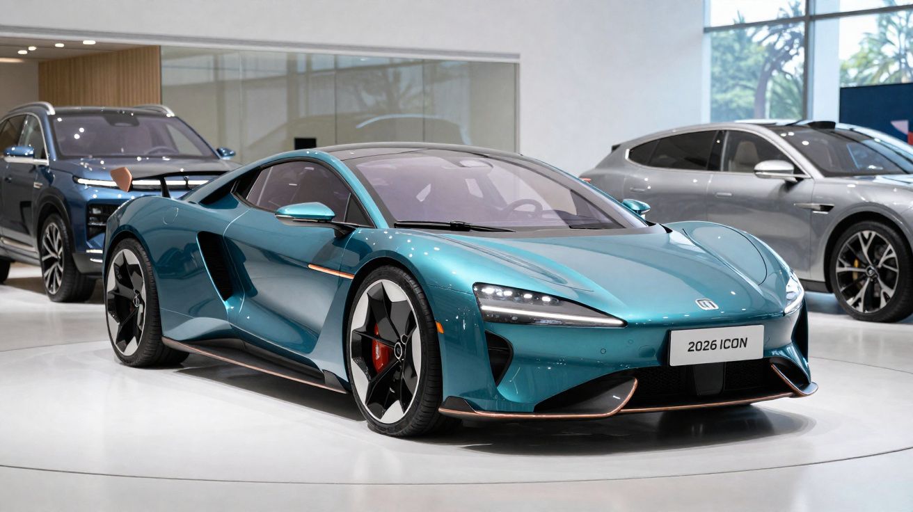 Carro desportivo azul metálico modelo 2026 ICON exposto numa sala com outros veículos modernos.