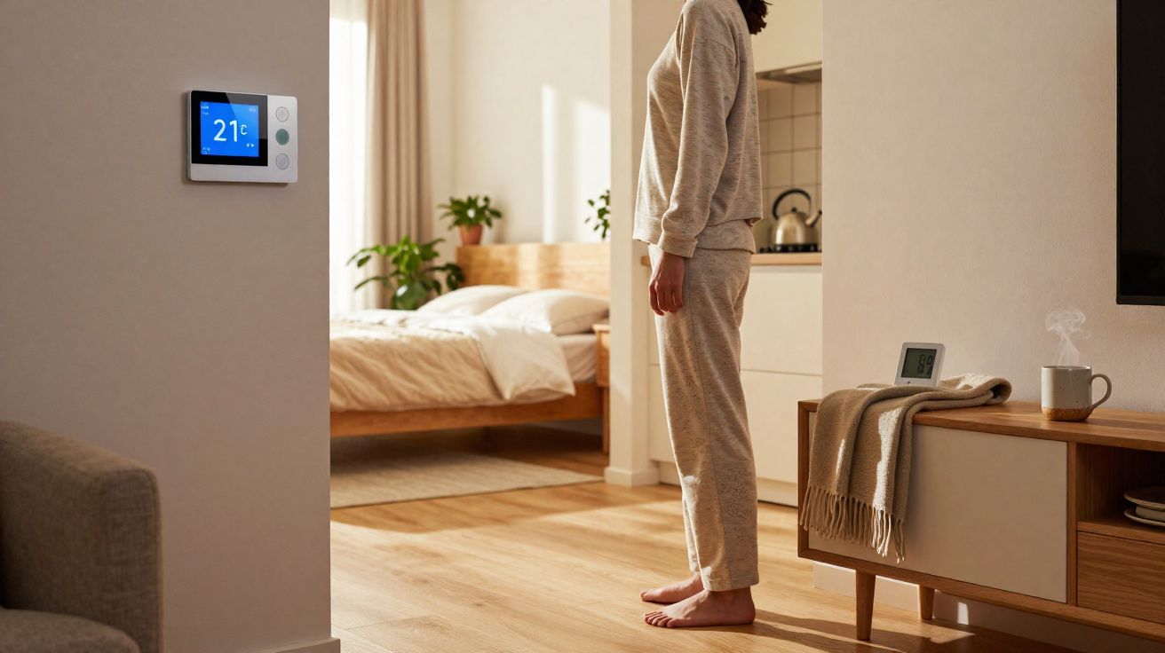 Pessoa de pijama controla termostato digital numa sala iluminada com cama e móveis modernos.