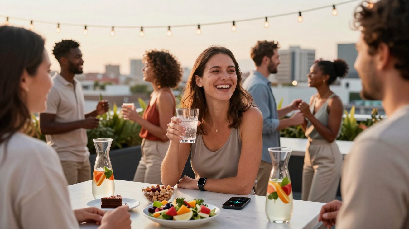 Grupo de amigos a socializar num terraço ao entardecer com bebidas, frutas e bolo numa mesa branca.