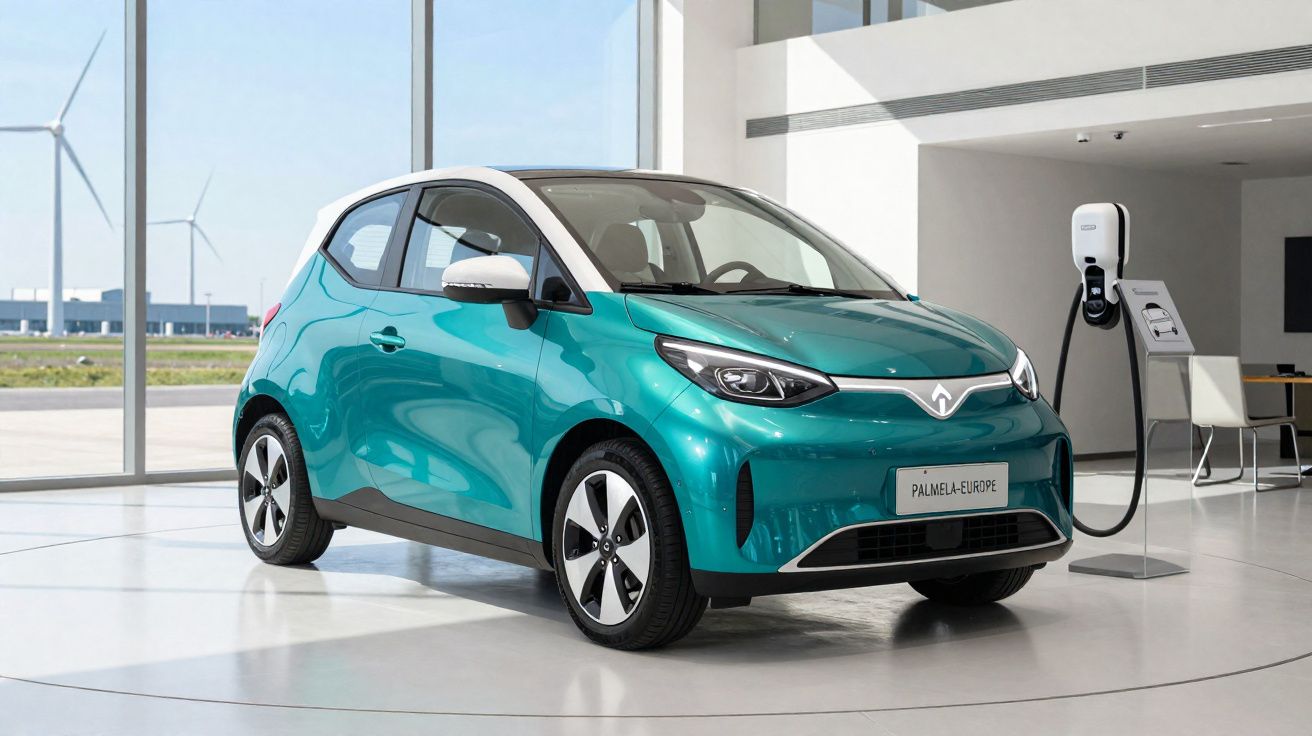 Automóvel elétrico verde com tejadilho branco a carregar numa estação interior moderna.