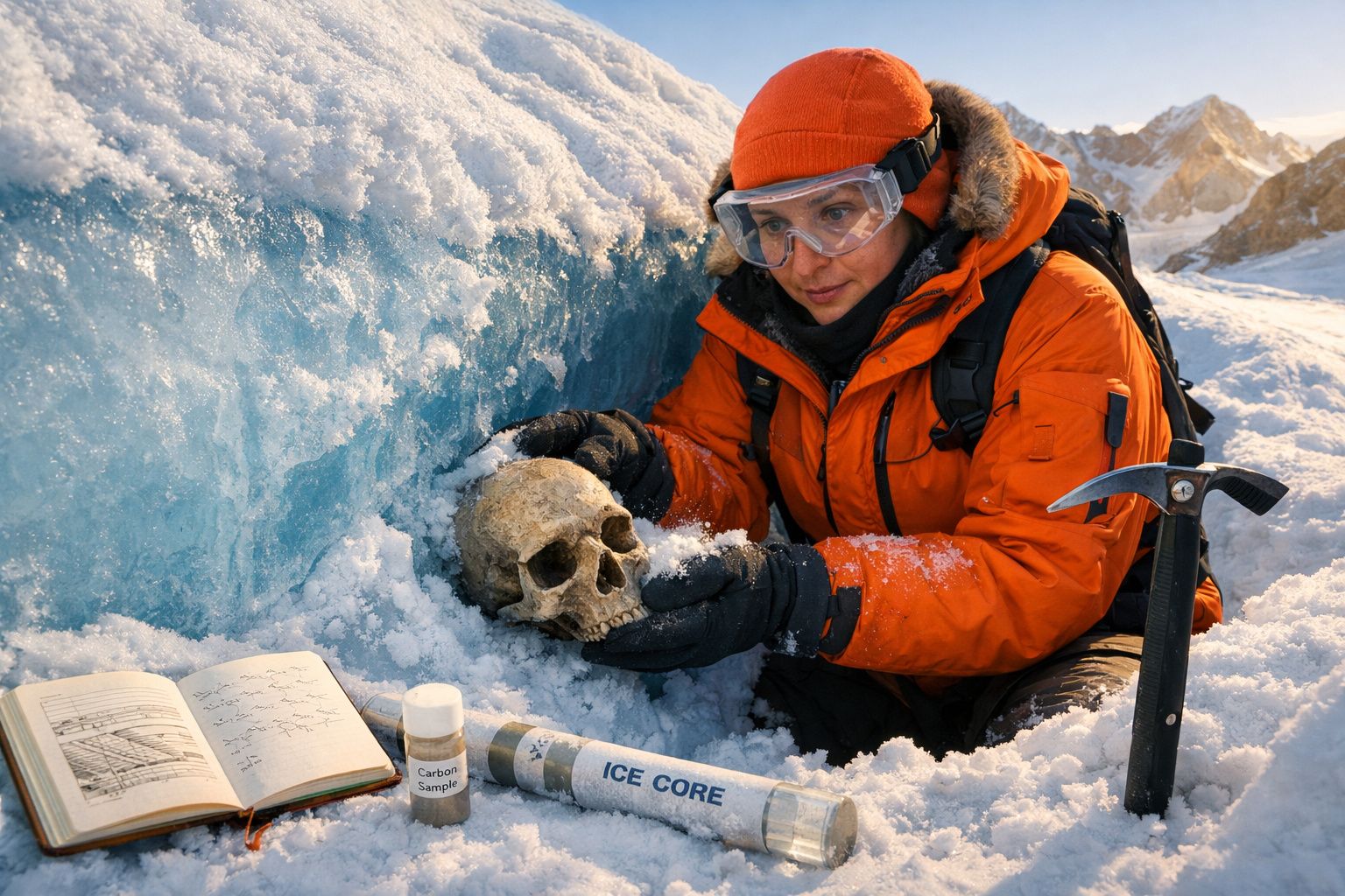 Cientista em roupa de inverno laranja analisa crânio humano em geleira com ferramentas e caderno aberto.