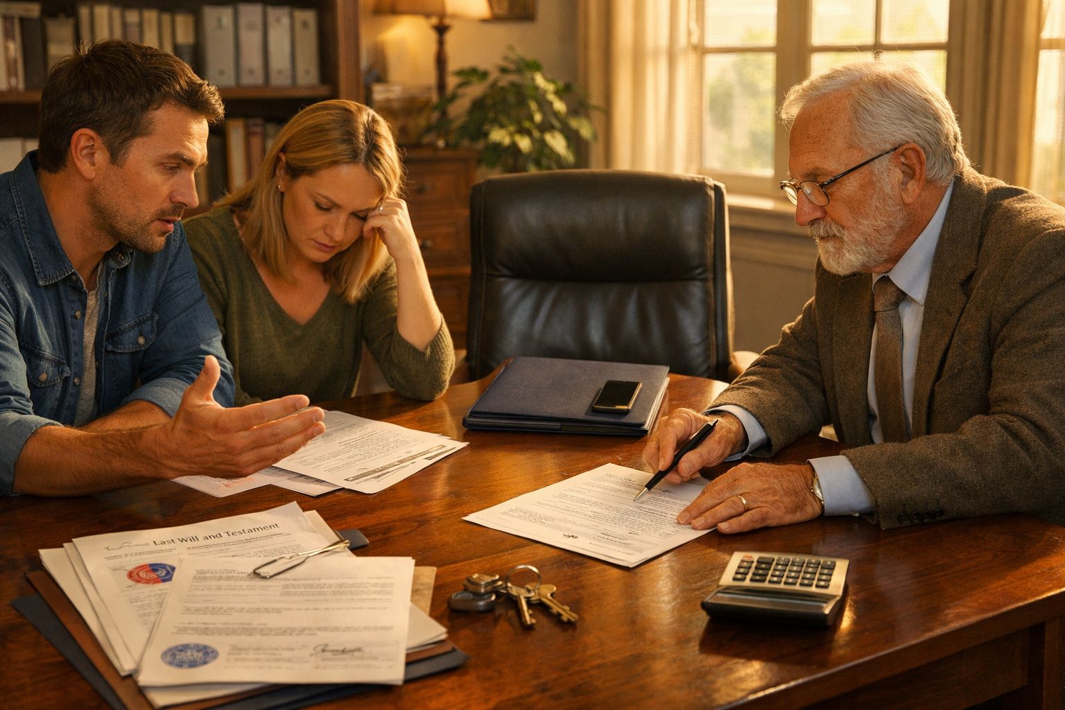 Casal discutindo documentos legais com advogado sénior num escritório com mesa de madeira e luz natural.