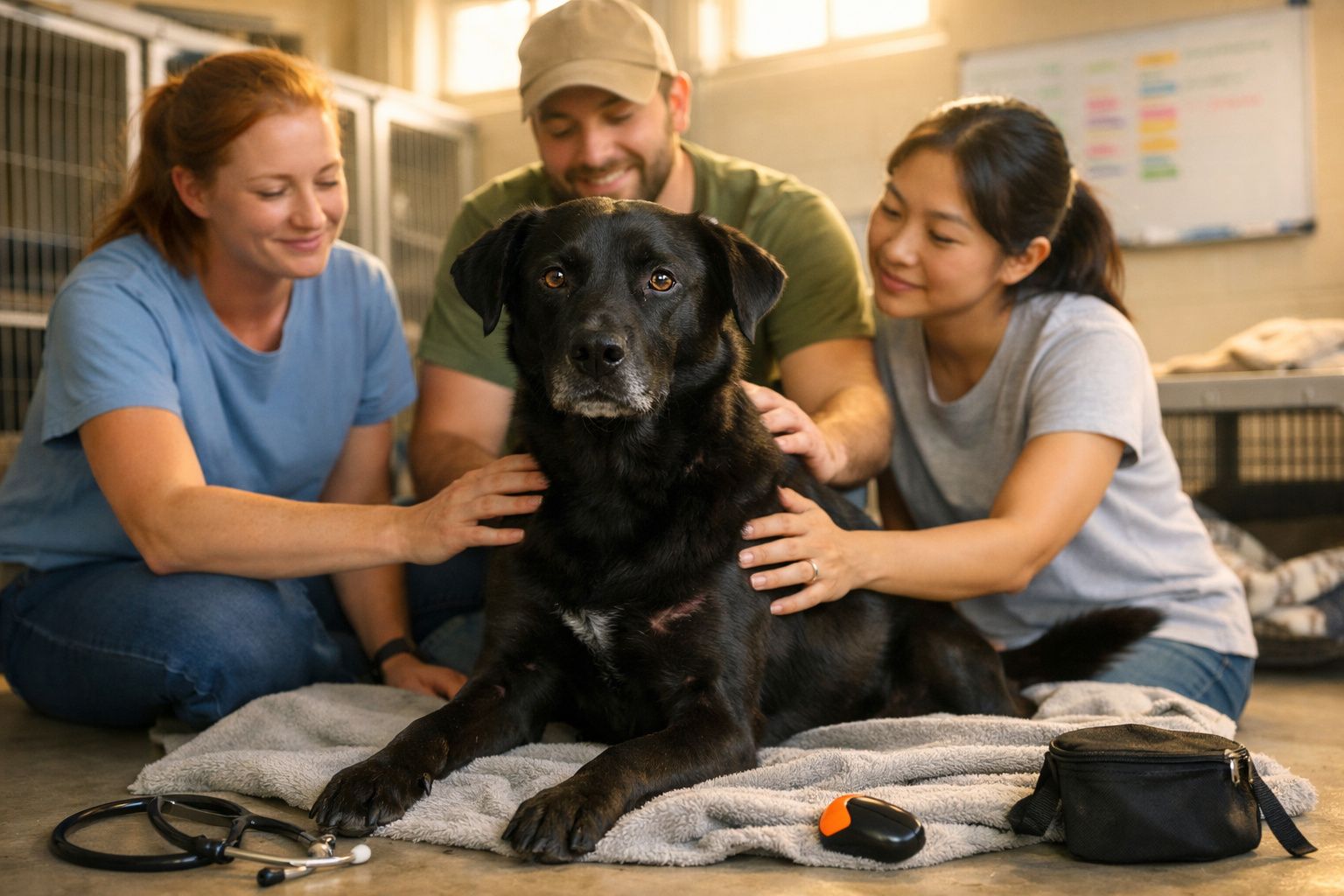 Três pessoas acariciam um cão preto deitado sobre uma manta num ambiente acolhedor, possivelmente abrigo animal.